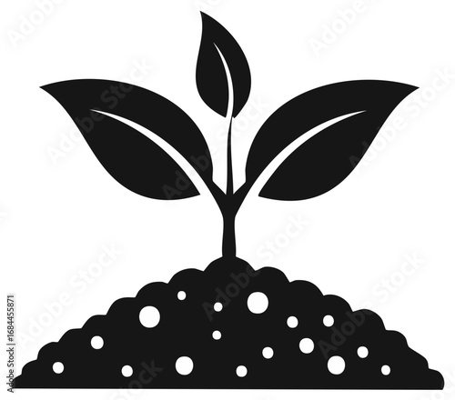 Minimalist icon of a young plant sprout with three leaves growing from rich soil, representing nature, growth, and new life