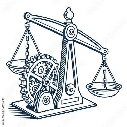 Steampunk balance scale with intricate gears representing precision and mechanism