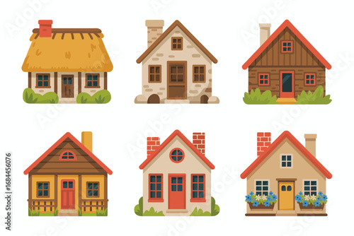 Cottage house vector set, cozy rural homes, country architecture, small village houses, rustic living, traditional countryside buildings