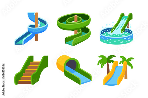 Amusement park water slide collection, pool play equipment, tropical waterslides, outdoor summer fun, aqua adventure, recreational design