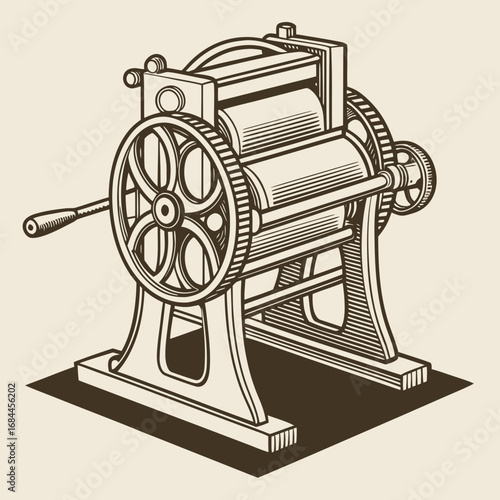 Vintage industrial roller press machine with large crank wheel and gears