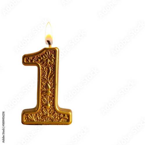 Golden decorated burning birthday candle digit one shaped. Transparent PNG image. Less 
