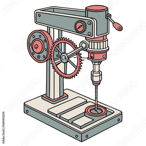 Vintage style illustration of a bench drill press with gears and a drill bit