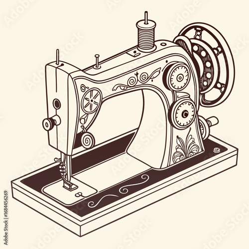 Vintage sewing machine illustration with decorative ornate details and spool of thread