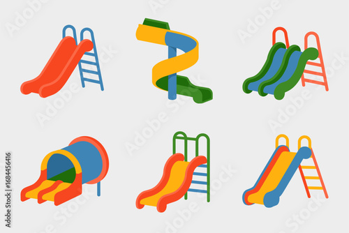 Playground slide collection, outdoor fun equipment, kids activity park, colorful sliding playsets, backyard entertainment, recreational design illustrations