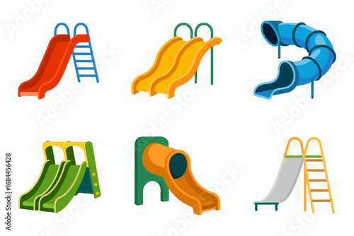 Kids playground slide vector set, fun outdoor equipment, recreational play icons, backyard activities, park amusement, entertainment designs