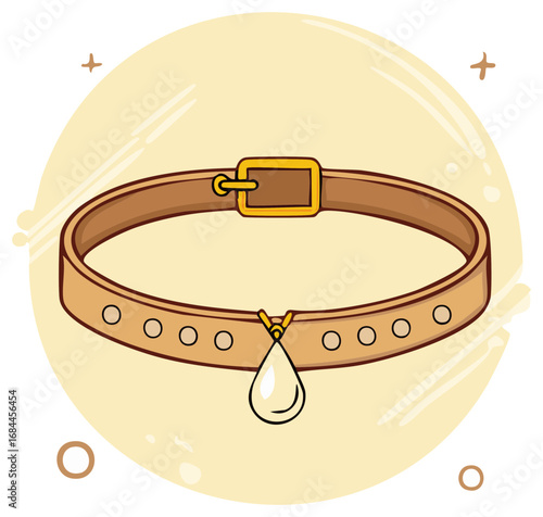 Leather pet collar with buckle and pendant illustration, domestic animal accessory with decoration for dog or cat