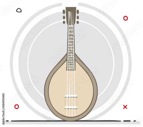 Stylized Image of Stringed Instrument Within Circular Motif, Circles and Crosses Scattered Around