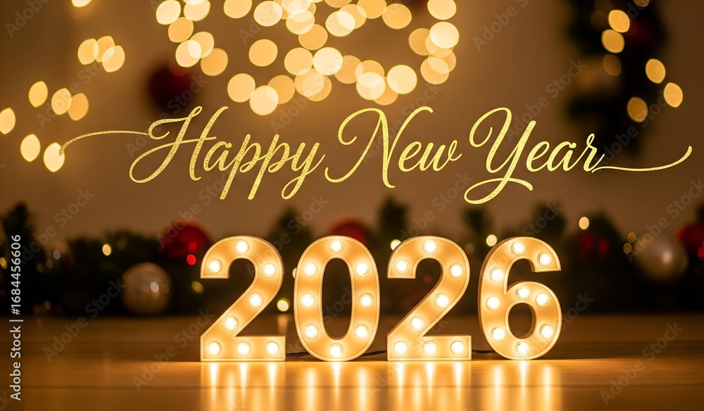 Naklejka premium Happy New Year 2026 - Festive Lights Typography