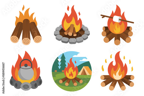 Outdoor campfire illustration set, campsite bonfire scenes, kettle boiling, logs and pot over flame, night sky, adventure graphics
