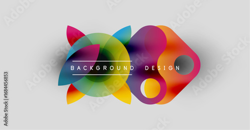 Abstract colorful shapes overlap, creating dynamic background design. Text reads background design centrally positioned. Bright hues dominate composition.