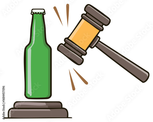 Cartoon of a green bottle of beer, gavel, and judicial concept of law.