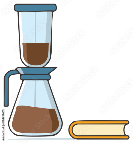Coffee brewing cartoon with book, pour over coffee maker drawing, coffee pot with dark brew