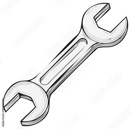 Illustration of a silver combination wrench on a white background