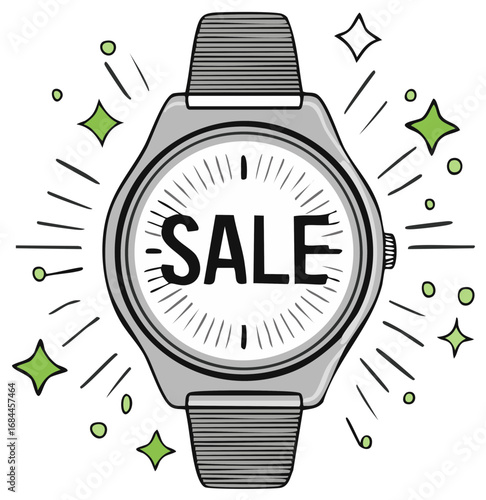 Doodle Style Wristwatch Depicting Time For A Sale With Burst Graphics Around Edges