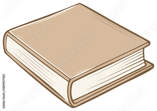 Closed paper book with light brown cover lying at an angle, education illustration