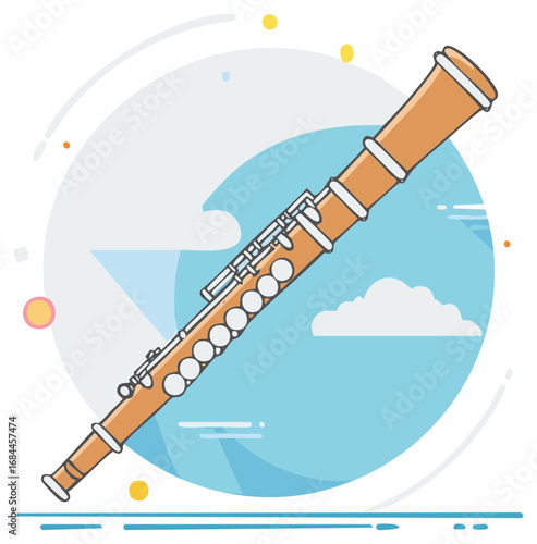 Stylized illustration of an orange clarinet with a swirling blue background and abstract shapes