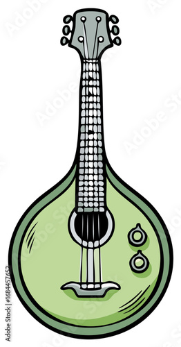 Illustration of a green mandolin with a cartoon design isolated on a white background.