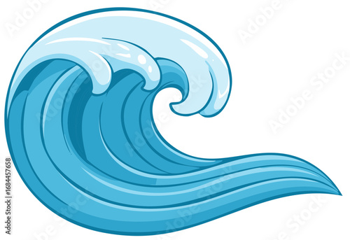 Stylized cartoon illustration of a large curling ocean wave with white seafoam.
