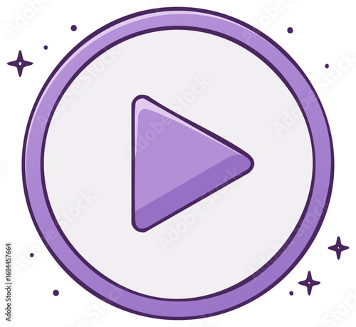 Play Button Round Purple Cartoon Illustration, Multimedia Player Controls Graphic, Vector, User Interface Icon
