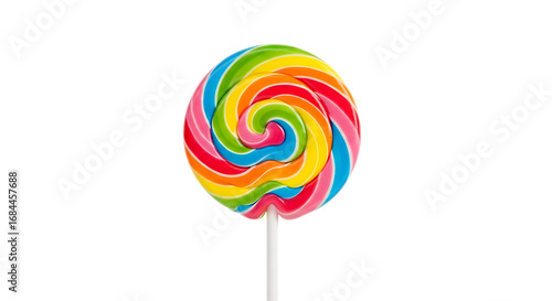 Colorful spiral lollipop on a white stick against black isolated on a transparent background