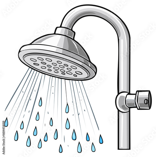 Illustrated chrome shower head with running water spray and blue droplets