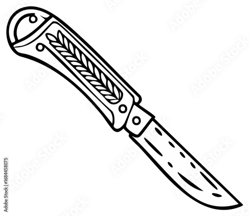 Line Art Drawing of a Classic Folding Pocket Knife with Decorative Handle Design