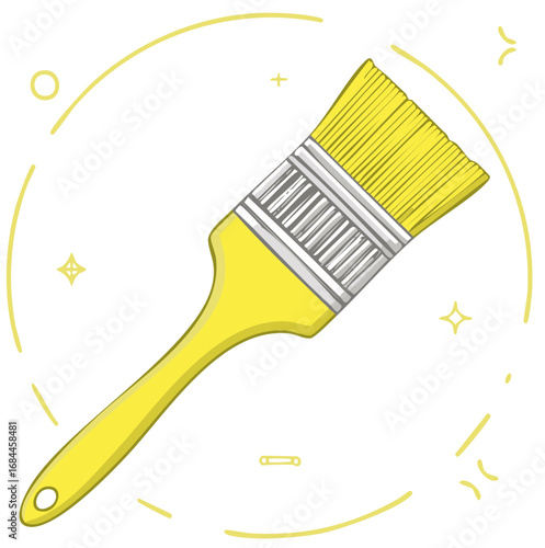 Yellow Paint Brush Illustration with Decorative Elements: Home Improvement and Art Supplies