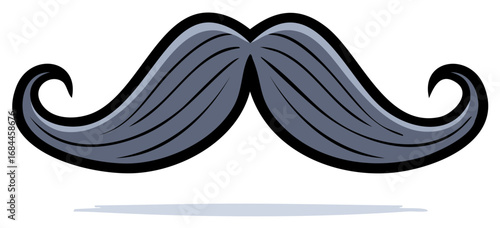 Stylized grey handlebar mustache cartoon illustration with curled ends