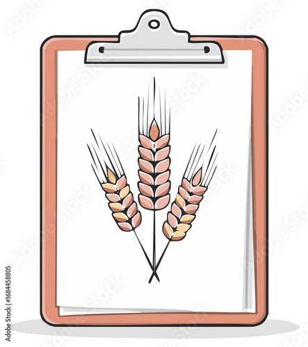 Clipboard illustration displaying three stalks of wheat, cereals sketch