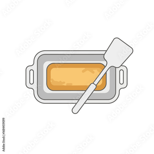Simple baking illustration depicts homemade dessert fresh from oven awaiting serving spoon