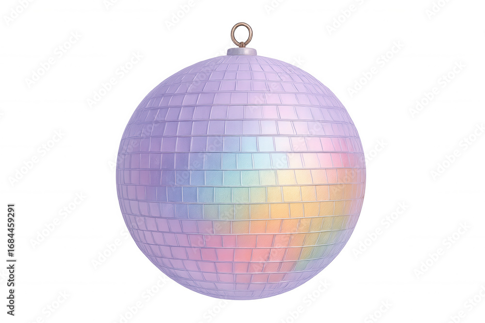 Fototapeta premium Iridescent disco ball sparkling with rainbow reflections, grid-patterned surface gleaming against transparent backdrop