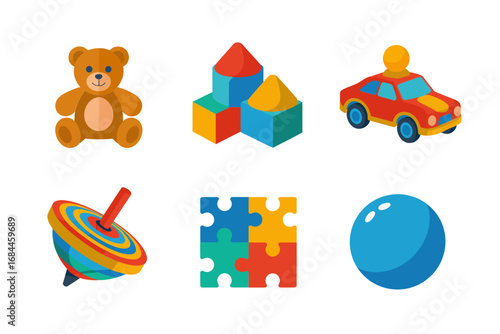 Toys and childhood play objects vector set, teddy bear spinning top puzzle cubes toy car ball, colorful kids illustration graphics