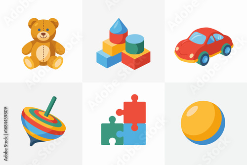 Children toys vector illustration pack, teddy bear toy car spinning top colorful puzzle ball cubes, playful kids entertainment graphics