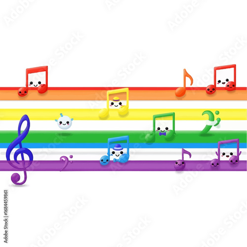 Cheerful chromatic musical notes characters on rainbow stripes creating a harmonious symphony of