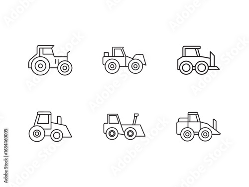 Collection of Vector Line Art Tractor Illustrations Isolated on White Background for Farming and Construction Designs