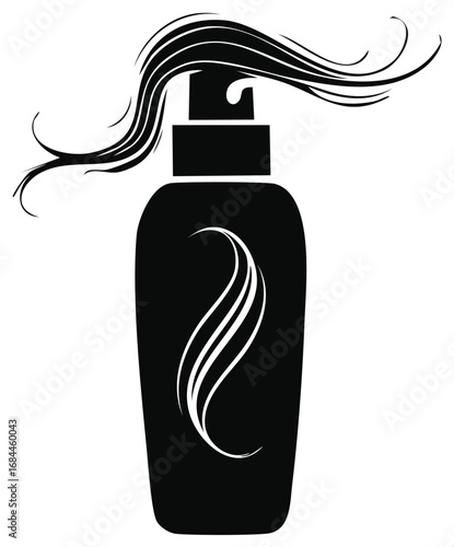 Hair care product pump bottle with flowing hair strands vector silhouette icon