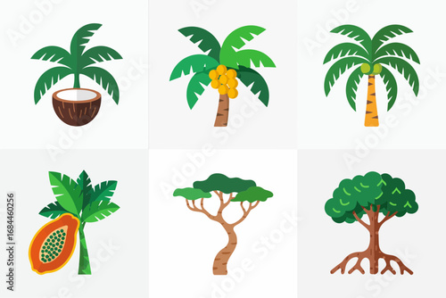 Coconut fruit vector icons, whole coconut half coconut juice tropical drink palm leaf, exotic summer refreshing fruit illustrations