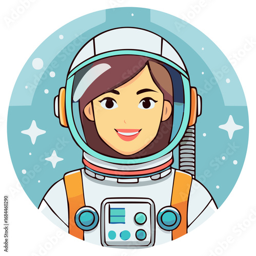 Cheerful woman astronaut in space suit illustration with cosmic stars in a round frame