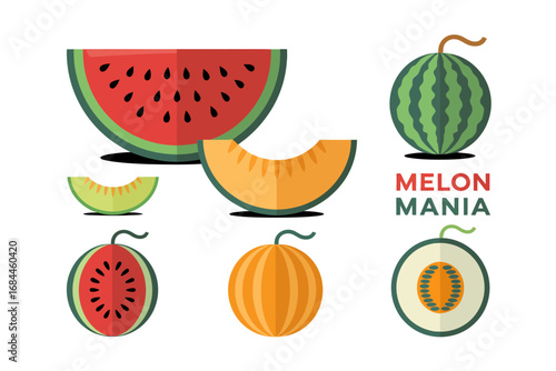 Watermelon and melon vector collection, sliced wedges whole fruits, vibrant summer fruit icons, picnic snack, refreshing produce graphics