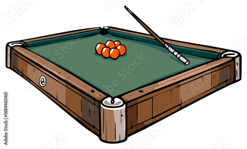 Cartoon illustration of a billiards table with cue and orange balls ready for play