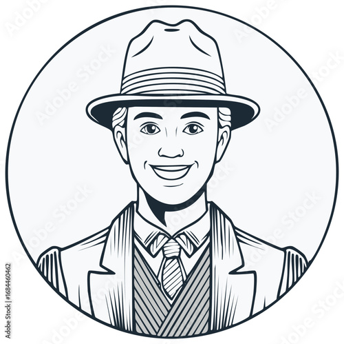 Smiling Man in Vintage Fedora and Suit Portrait Illustration