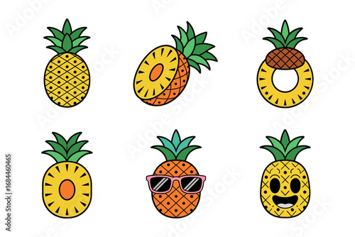 Pineapple fruit vector illustrations, whole and sliced pineapple icons, smiling fruit characters, tropical summer food, juice snack graphics