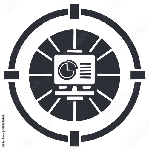 Business data on a computer screen in a radar circle shows the company is focused on tracking trends and success