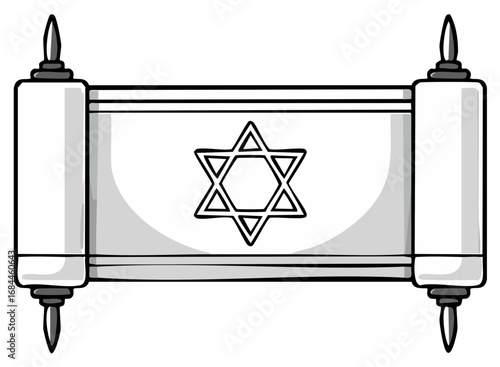 Jewish Torah Scroll with Star of David Emblem and Decorative Scroll Ends