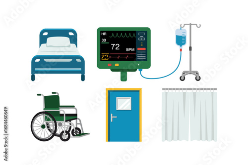 Clinical equipment vector icons, hospital bed monitor iv pole wheelchair curtain door, patient care room supplies, medical graphics