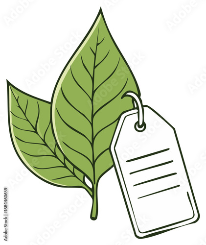 Green leaves with a white price tag illustration, fresh organic products, sale, discount, eco shopping and natural cosmetics