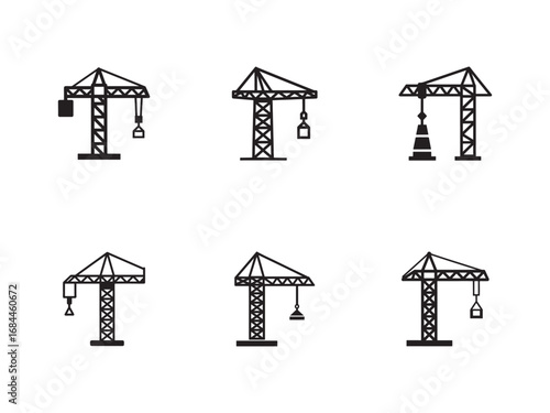 Construction Crane Icons in Black and White Silhouette Style Set of Six Different Designs For Web Design and Graphics