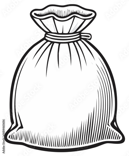A full tied sack or money bag in a classic black and white vintage engraving style