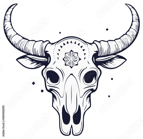 Detailed Bull Skull Outline with Decorative Ornament Black and White Illustration